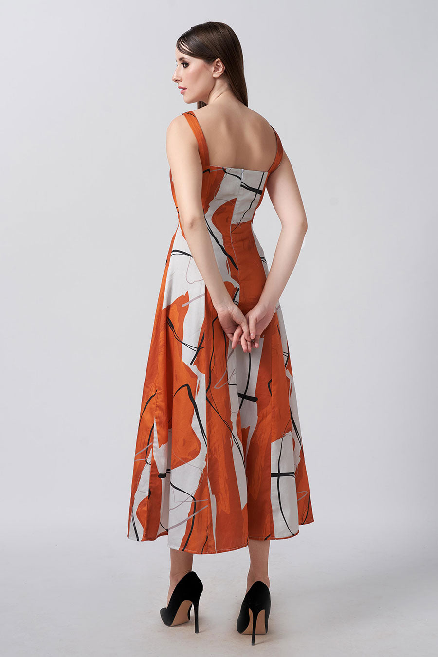 Orange Abstract Printed Knotted Midi Dress