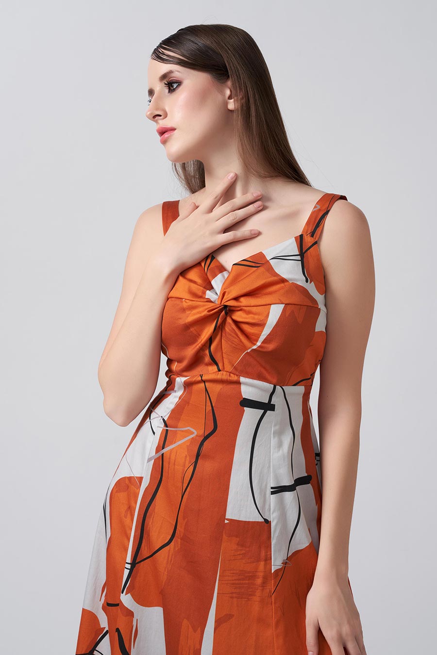 Orange Abstract Printed Knotted Midi Dress