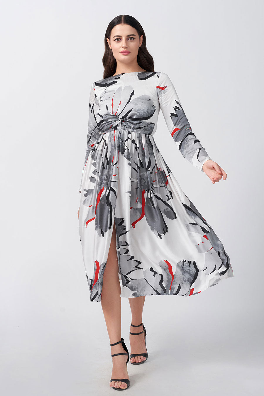 White Floral Printed Knotted Midi Dress