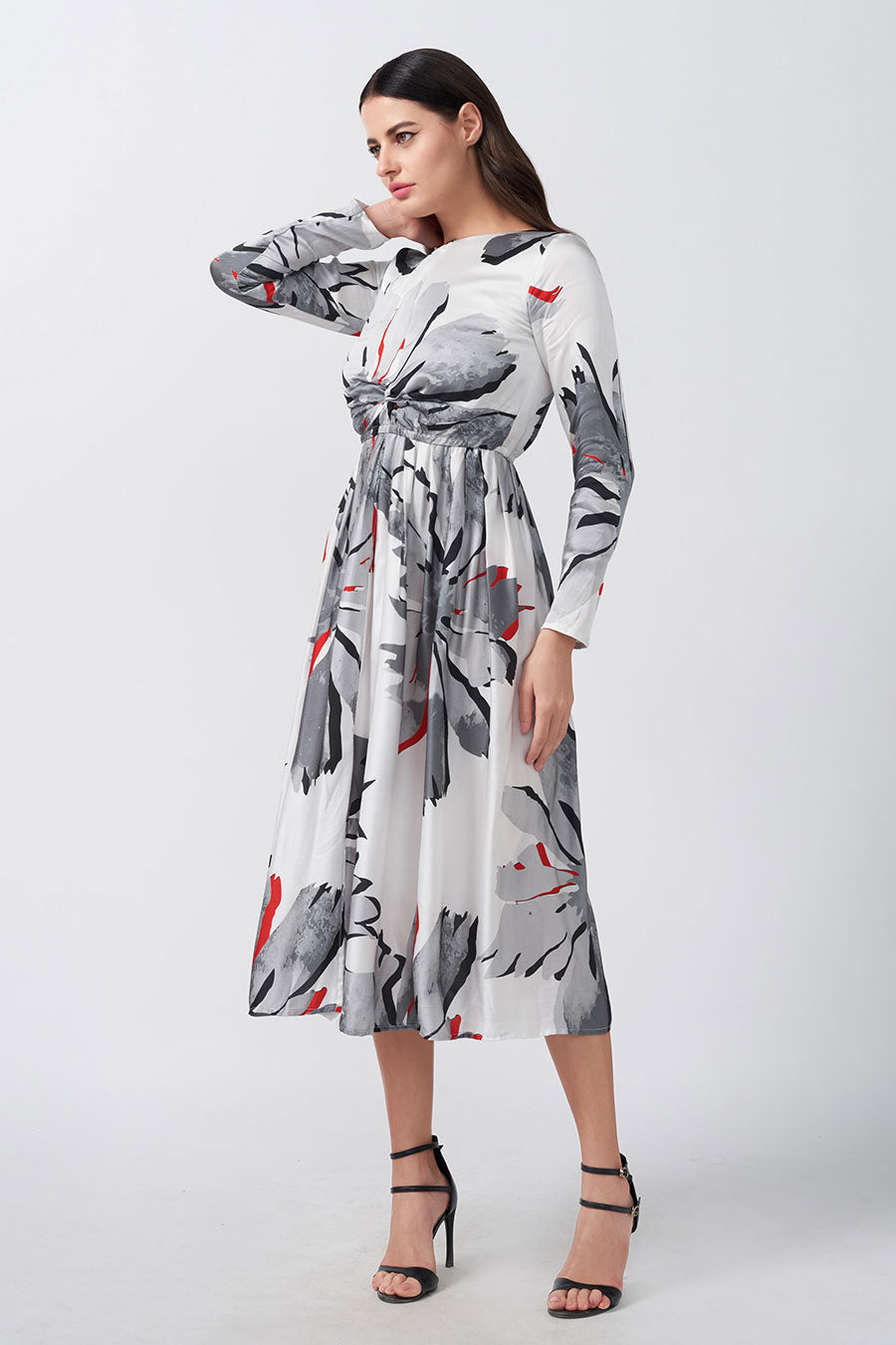 White Floral Printed Knotted Midi Dress