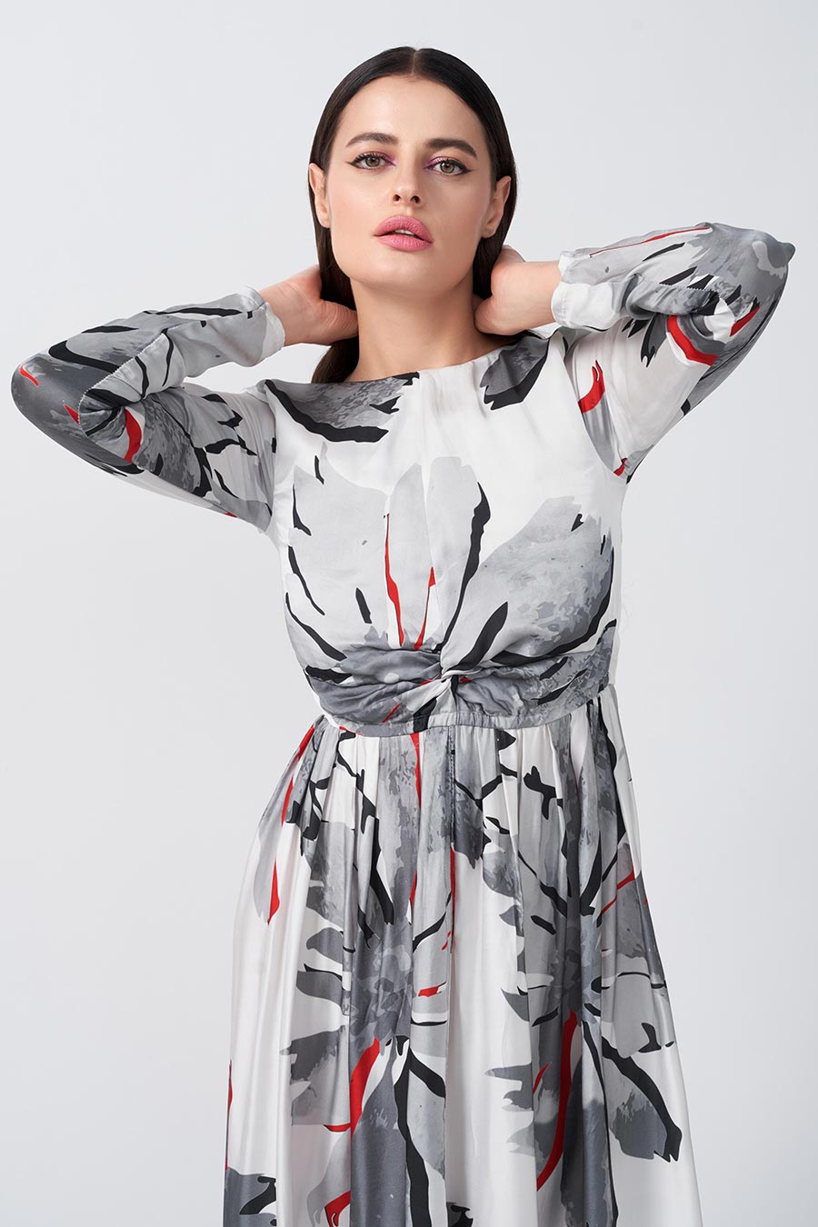 White Floral Printed Knotted Midi Dress