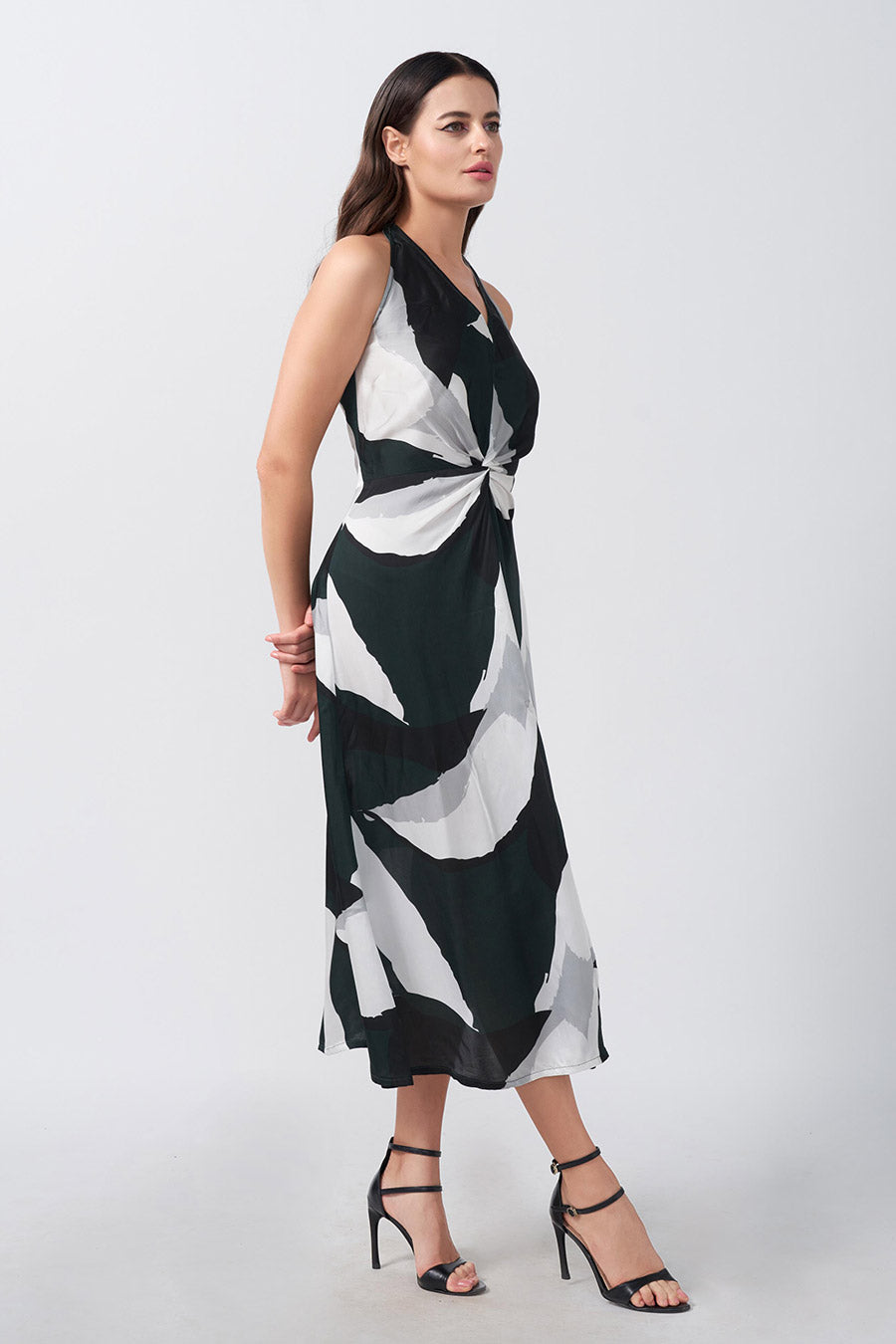 Dark Green Abstract Printed Knotted Midi Dress