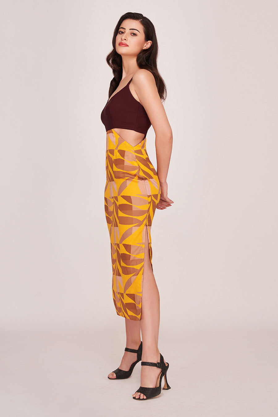 Yellow & Brown Printed Midi Dress