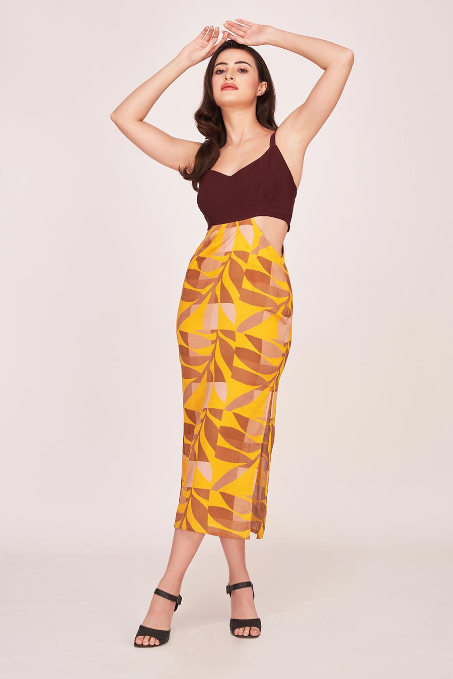 Yellow & Brown Printed Midi Dress