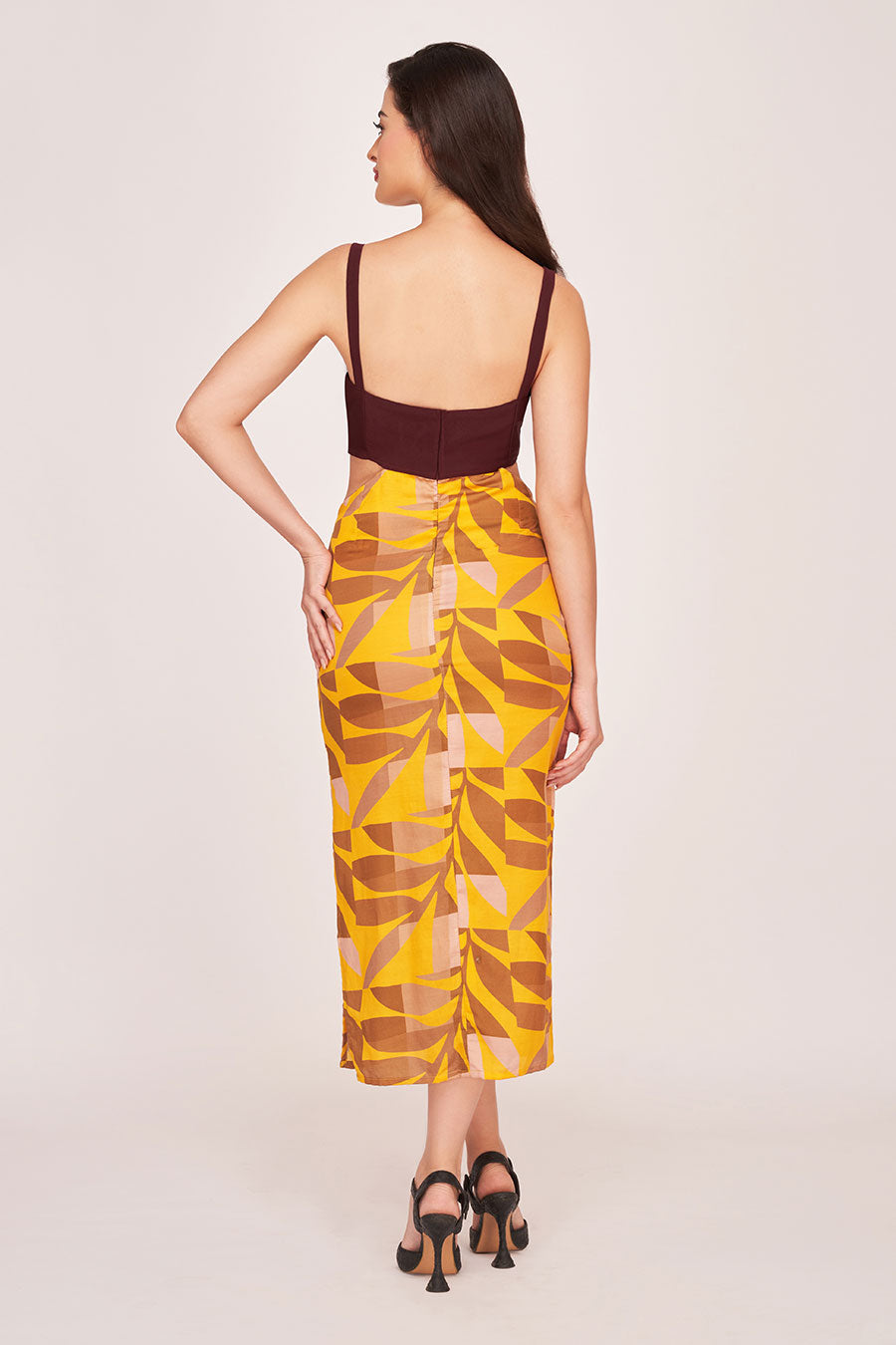 Yellow & Brown Printed Midi Dress