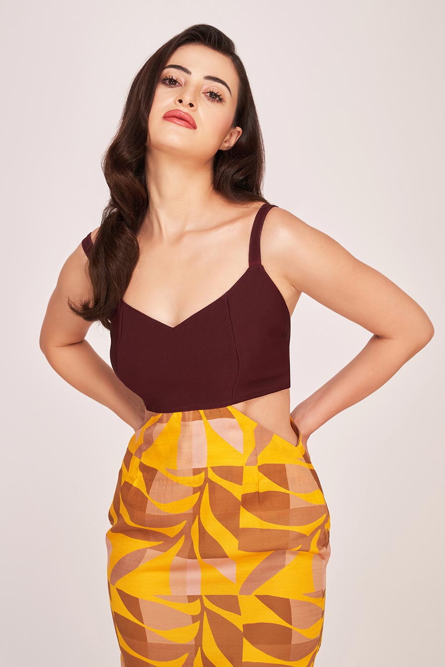 Yellow & Brown Printed Midi Dress