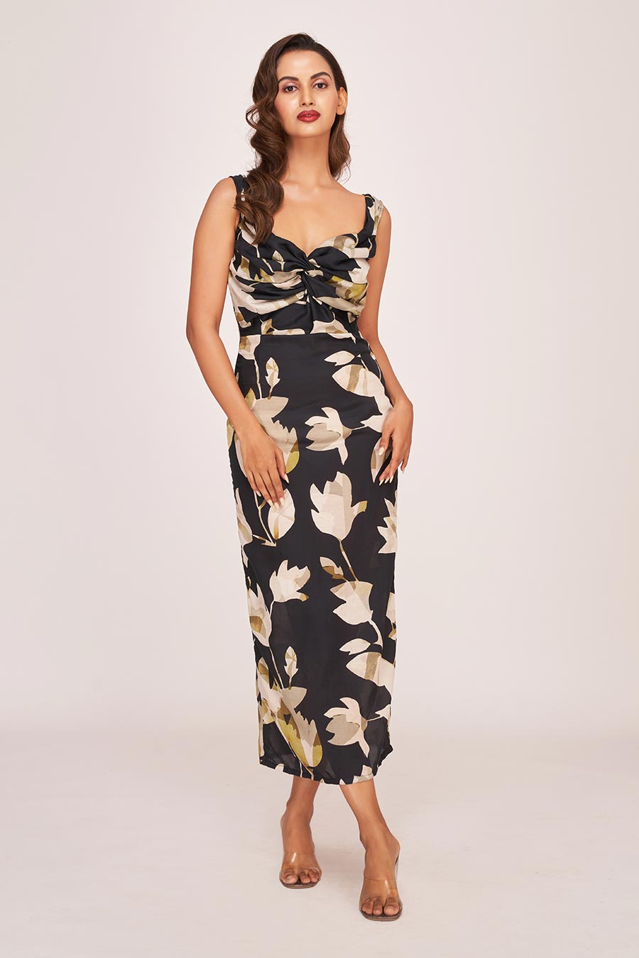 Black Printed knot Midi Dress