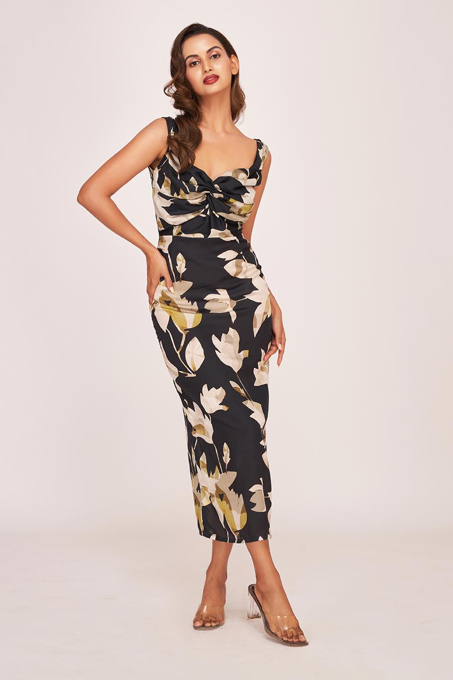 Black Printed knot Midi Dress