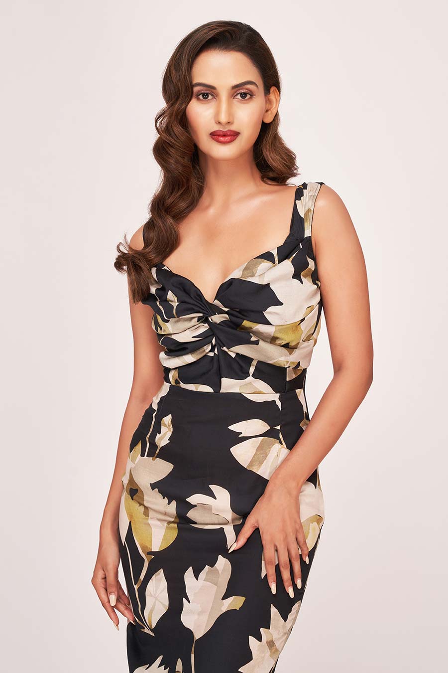 Black Printed knot Midi Dress