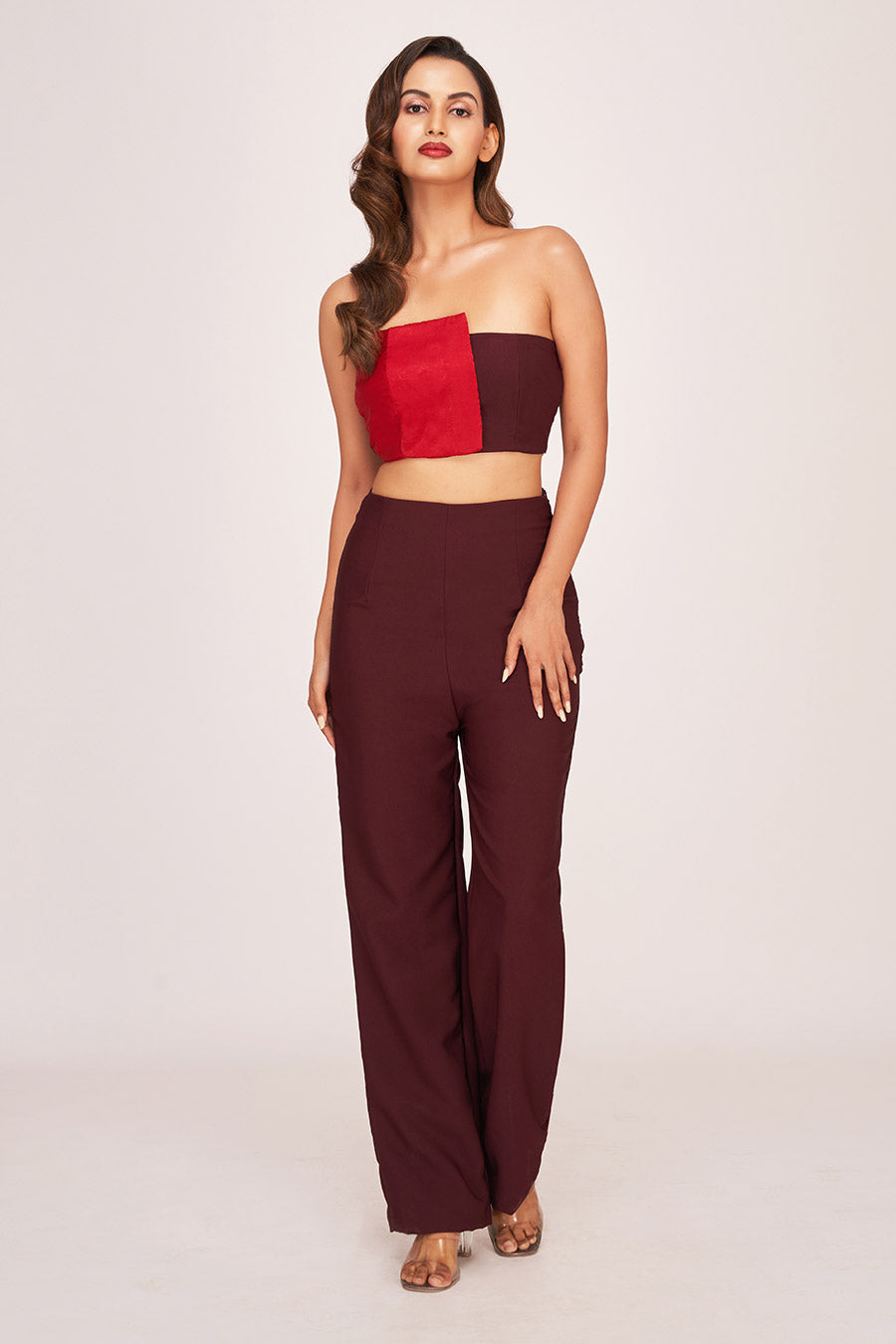 Brown & Red Crop Top with Trouser Co-Ord Set