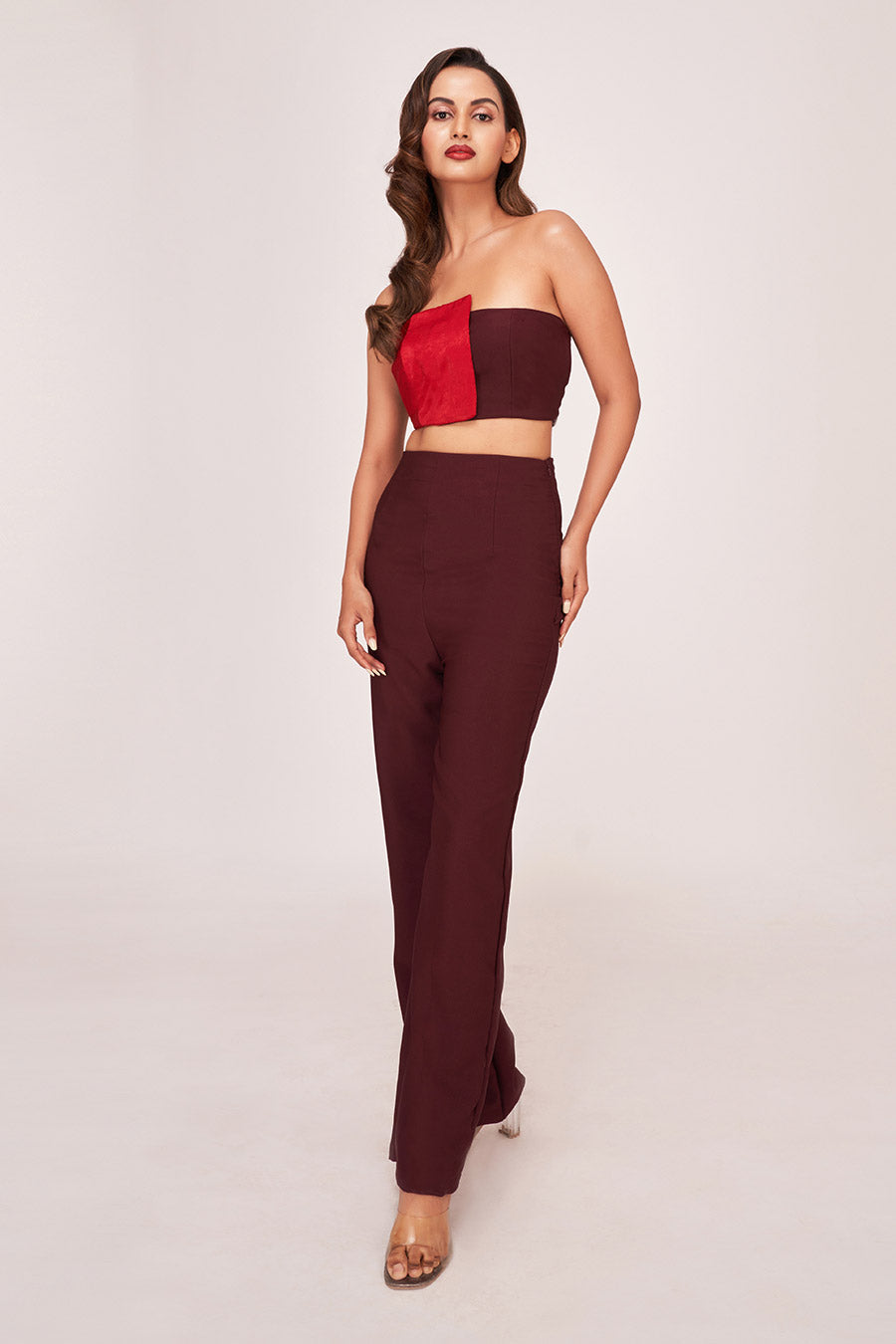 Brown & Red Crop Top with Trouser Co-Ord Set