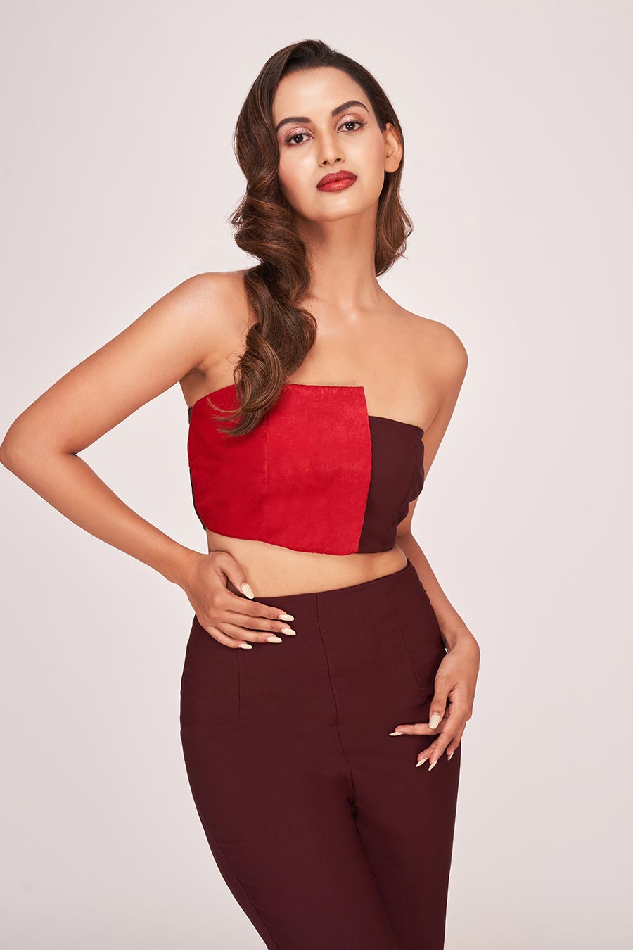 Brown & Red Crop Top with Trouser Co-Ord Set