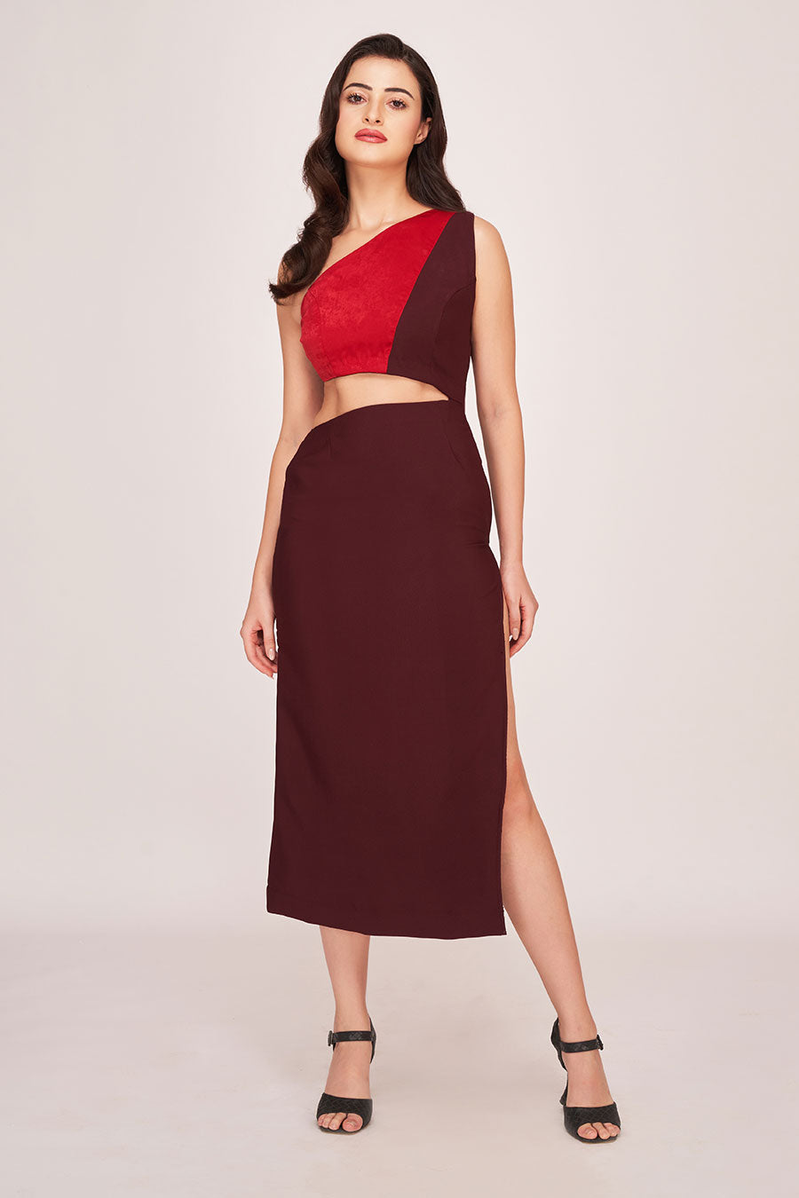 Brown & Red Cut-Out Midi Dress