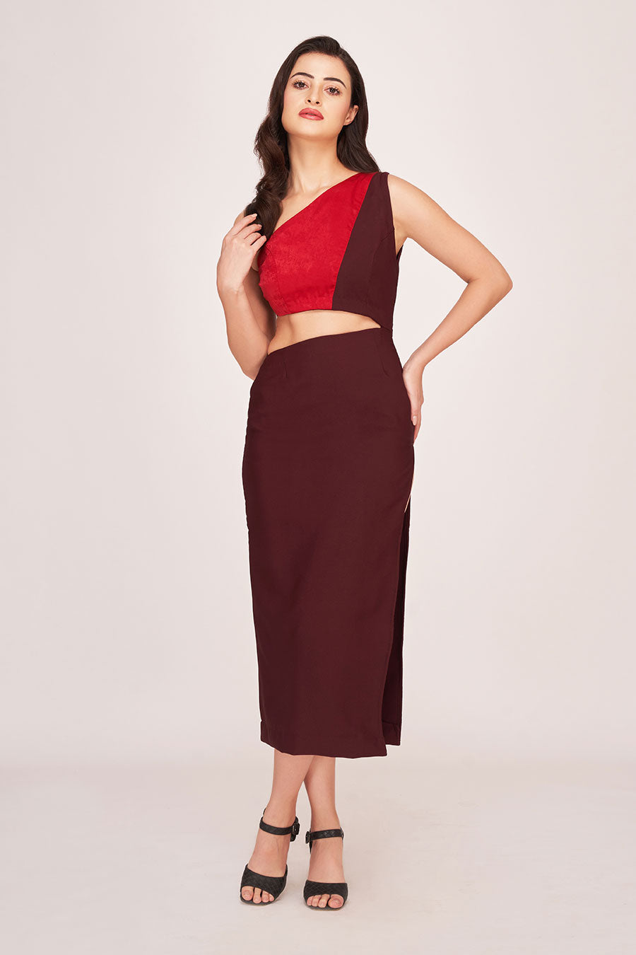 Brown & Red Cut-Out Midi Dress
