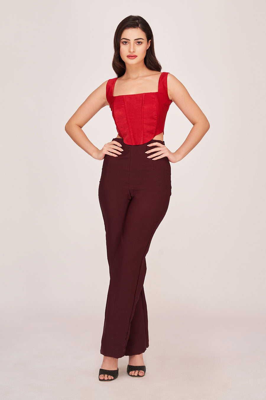 Red Corset Top & Brown Trouser Co-Ord Set