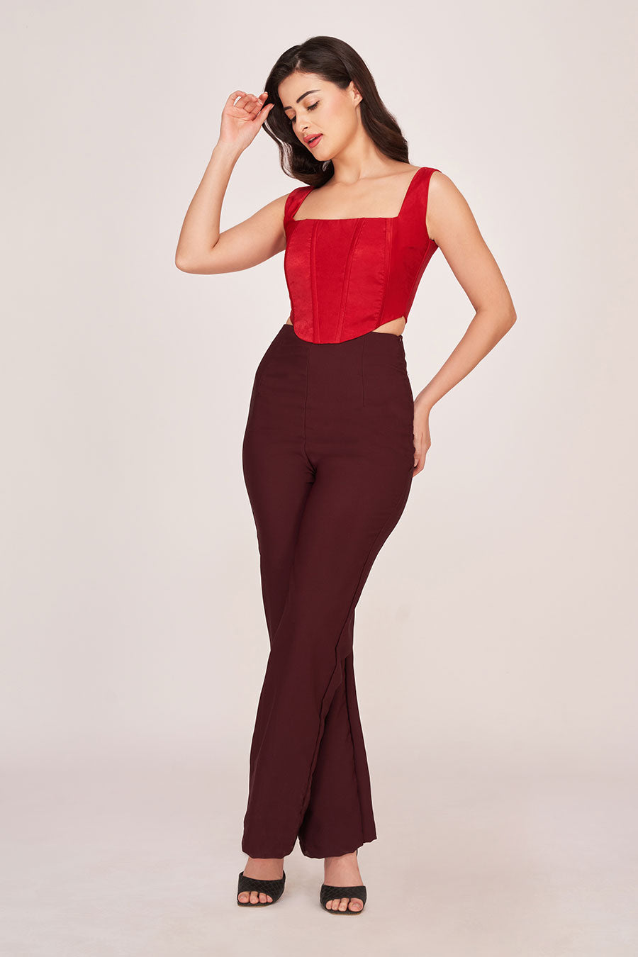 Red Corset Top & Brown Trouser Co-Ord Set