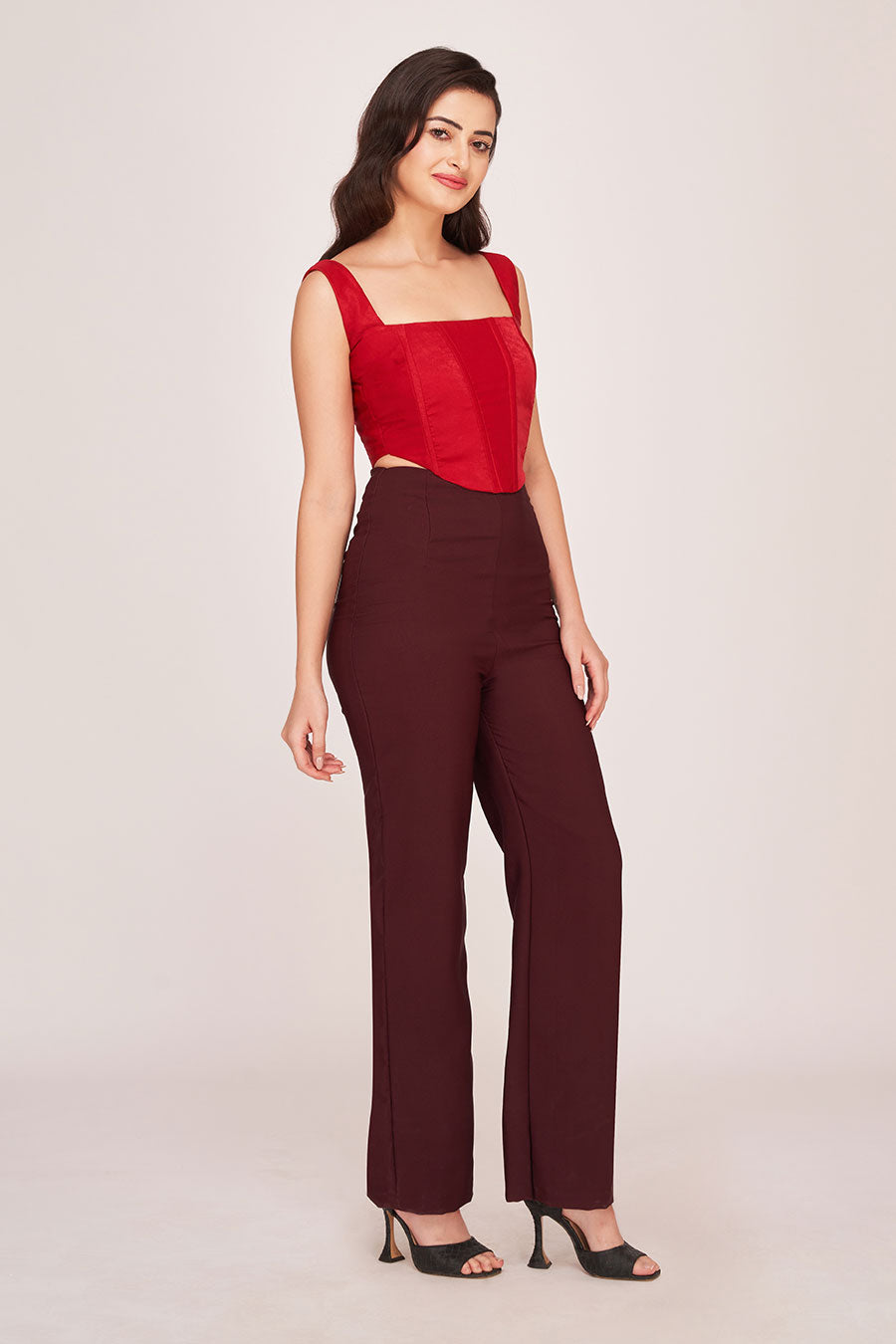 Red Corset Top & Brown Trouser Co-Ord Set