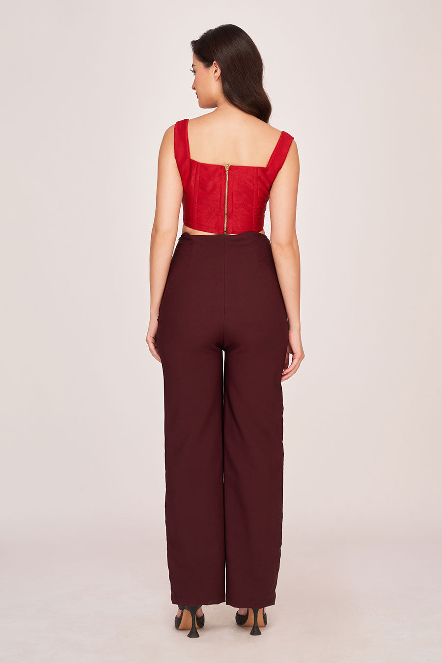 Red Corset Top & Brown Trouser Co-Ord Set