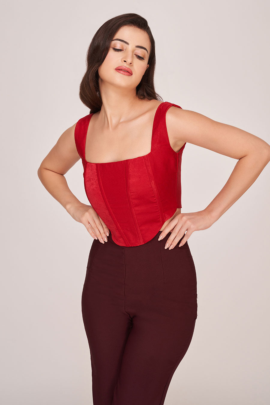 Red Corset Top & Brown Trouser Co-Ord Set