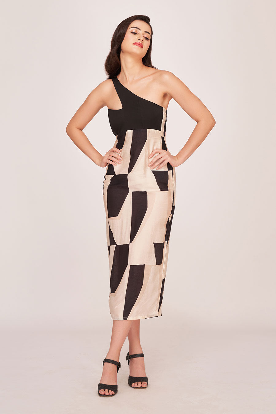 Black Printed One-Shoulder Midi Dress