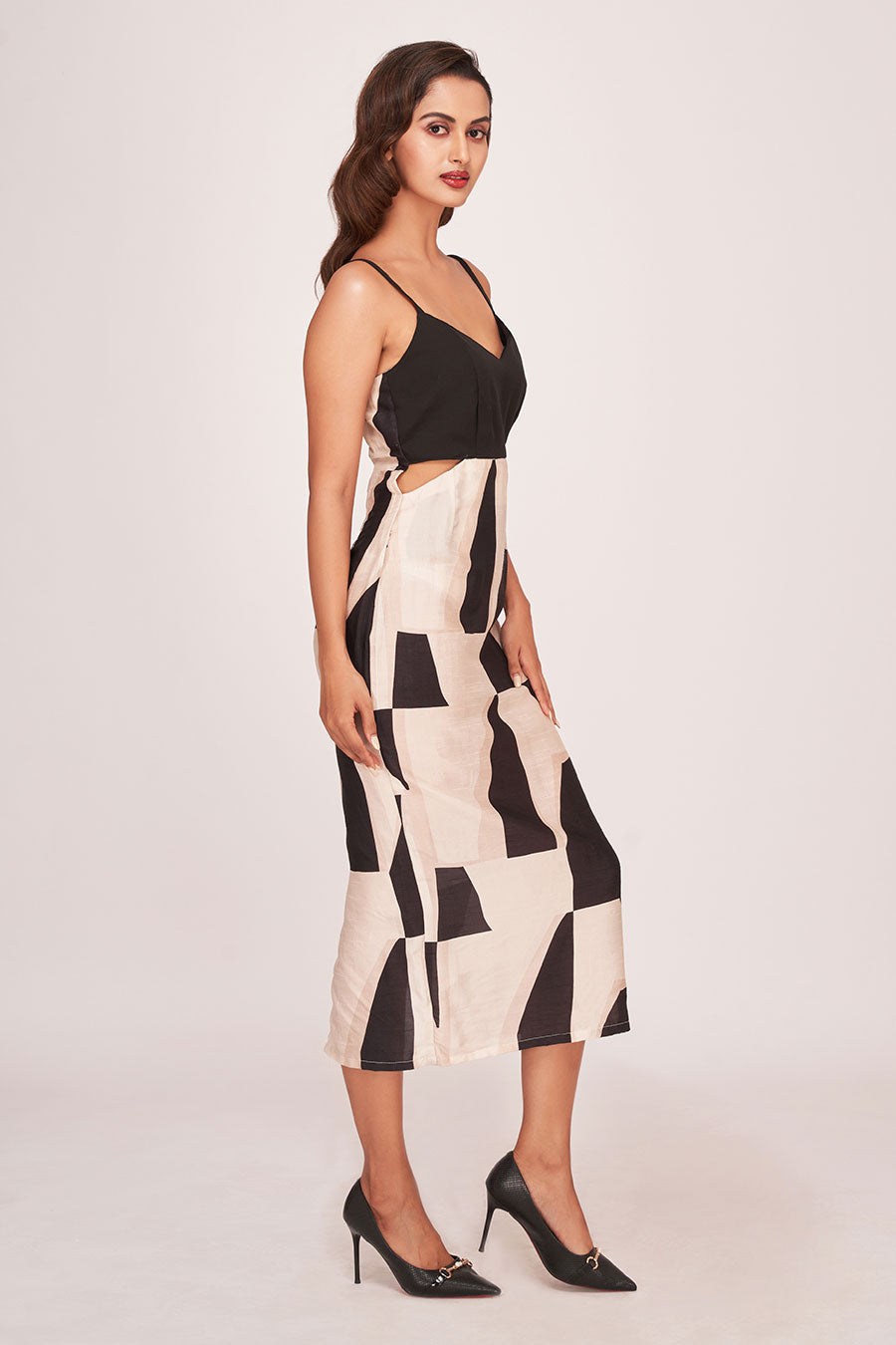 Black Printed Cut-Out Midi Dress