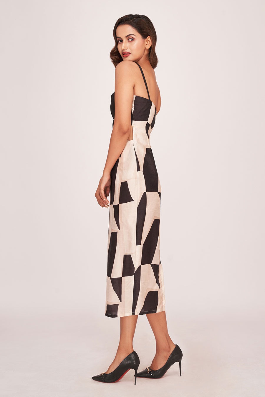 Black Printed Cut-Out Midi Dress