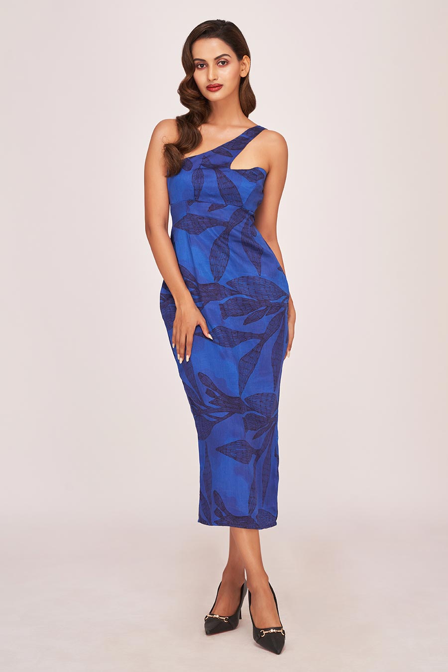 Blue Printed One-Shoulder Midi Dress
