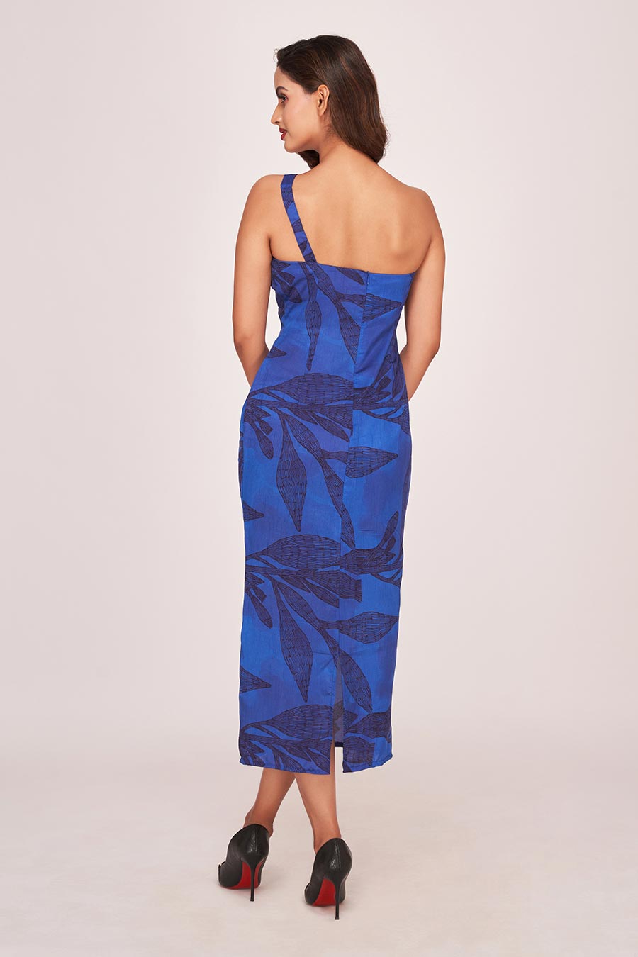 Blue Printed One-Shoulder Midi Dress