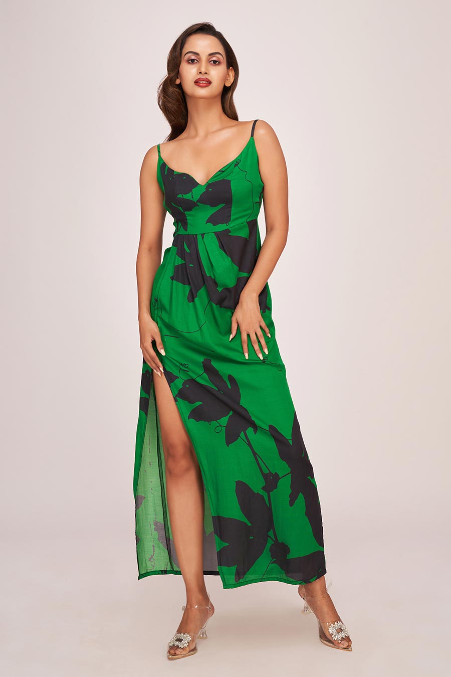 Green Printed Side-Slit Long Dress