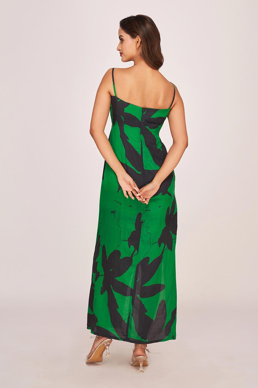 Green Printed Side-Slit Long Dress