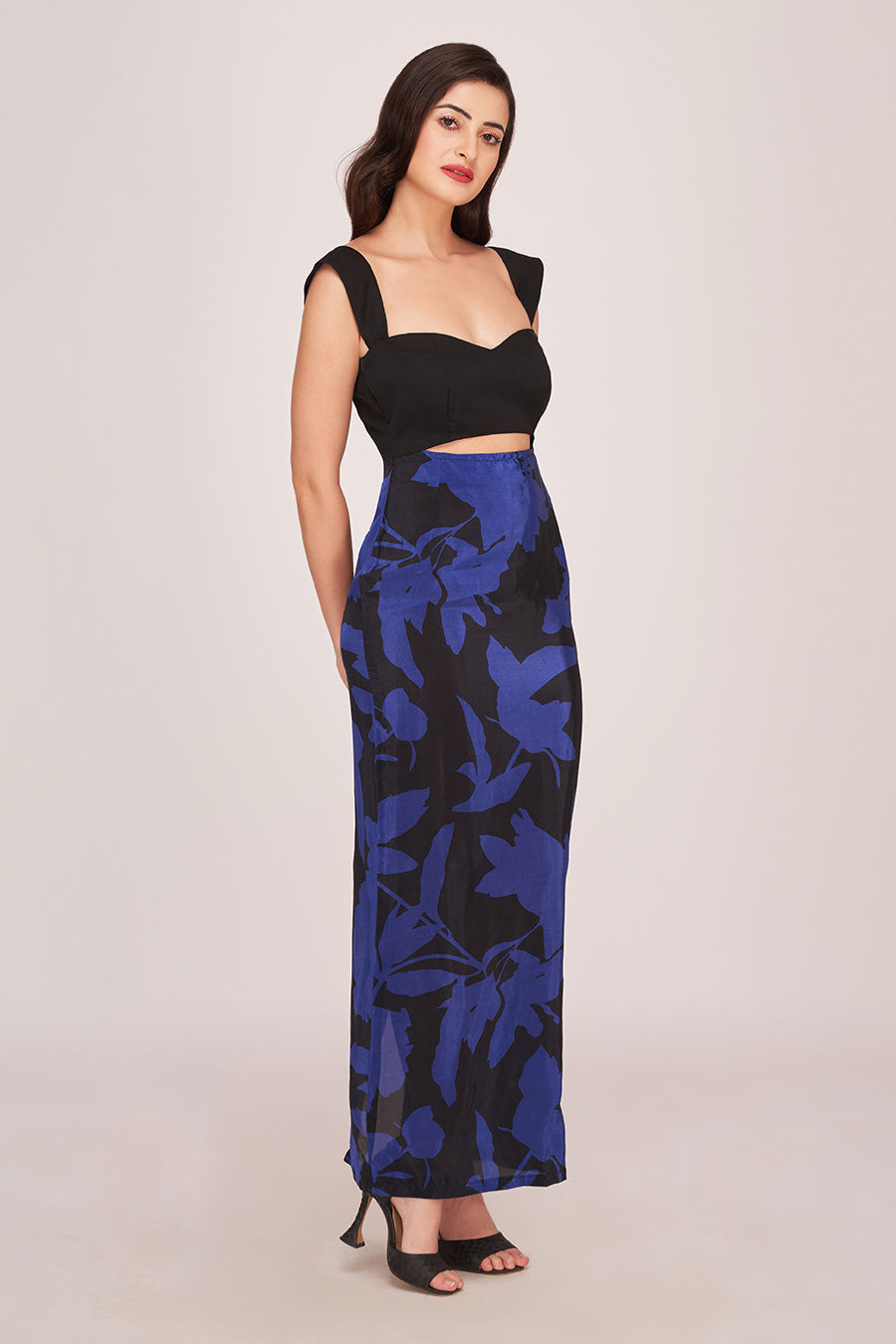 Black & Purple Printed Cut-Out Long Dress