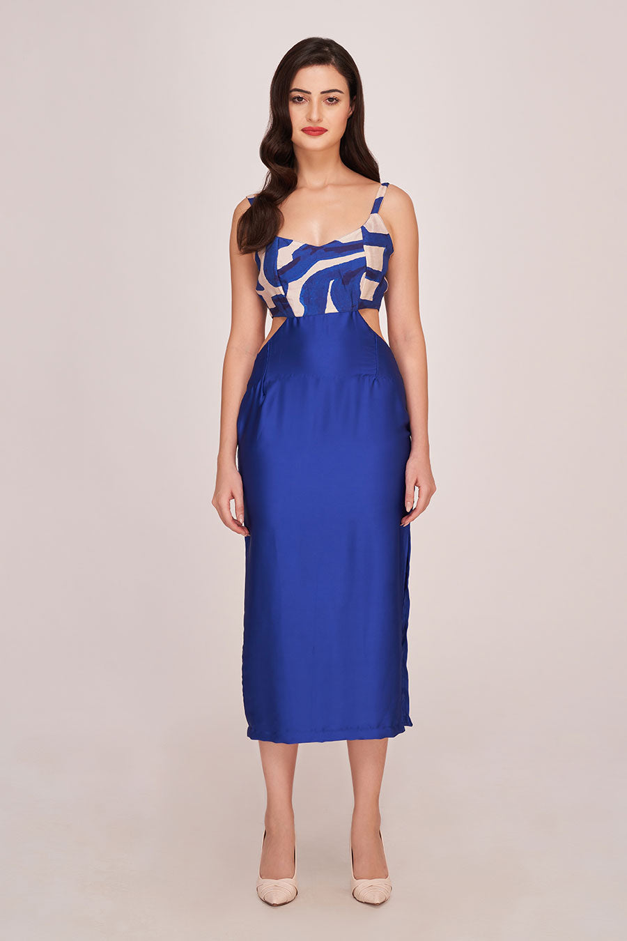 Blue Printed Cut-Out Midi Dress