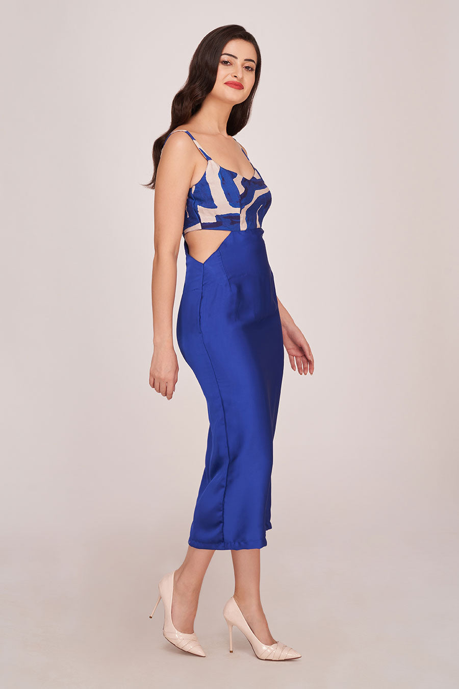 Blue Printed Cut-Out Midi Dress