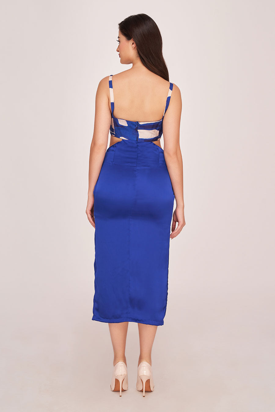 Blue Printed Cut-Out Midi Dress