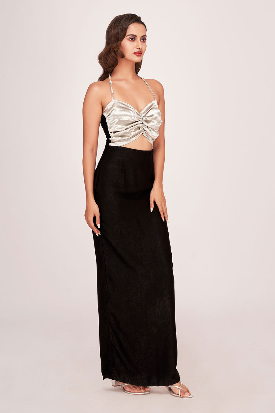 Silver & Black Ruched Long Dress