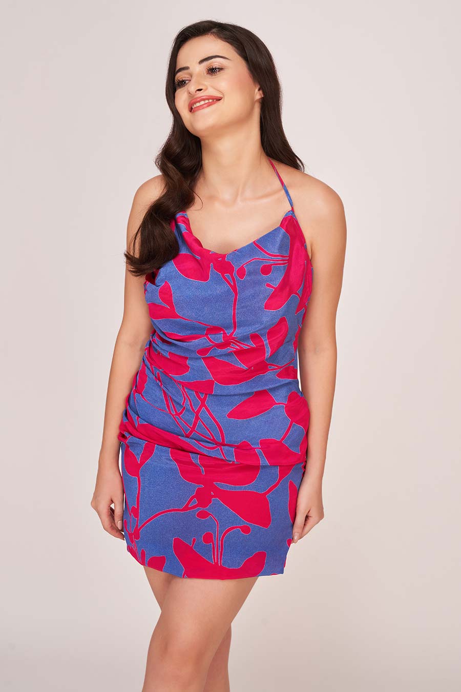 Pink & Blue Printed Cowl Mini Dress