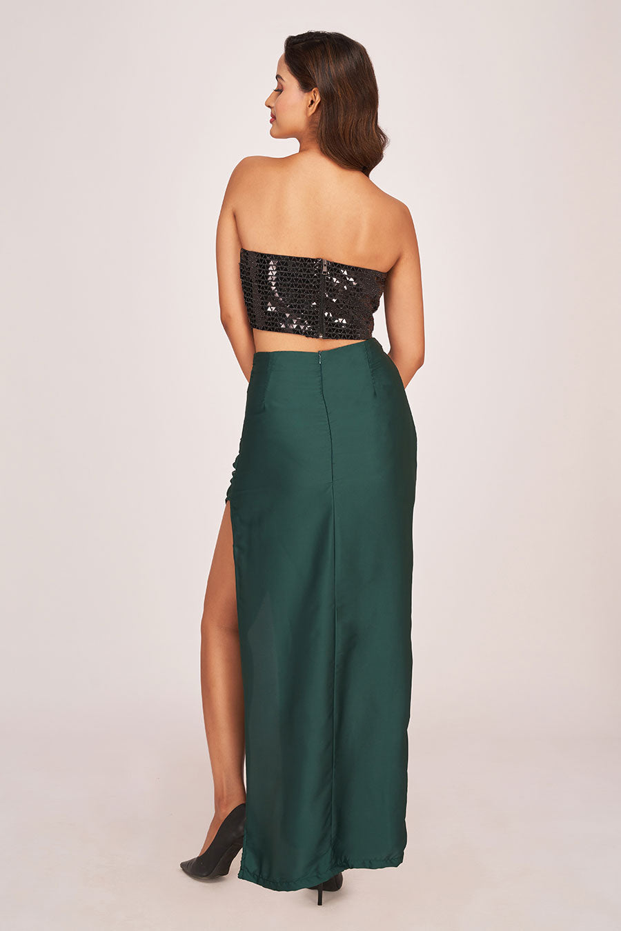 Black Embellished Top & Green Long Skirt Co-Ord Set