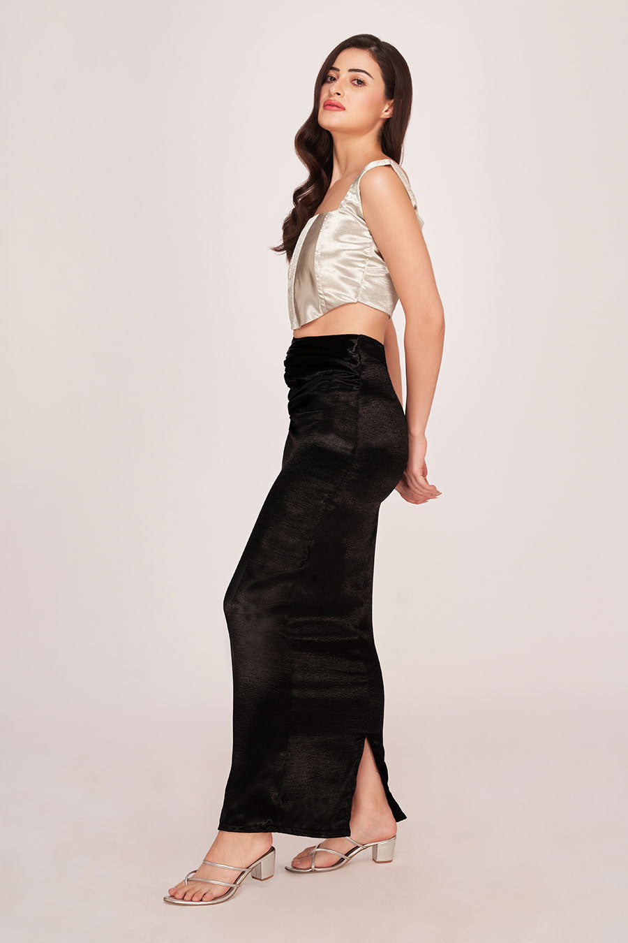 Silver Crop Top & Black Long Skirt Co-Ord Set