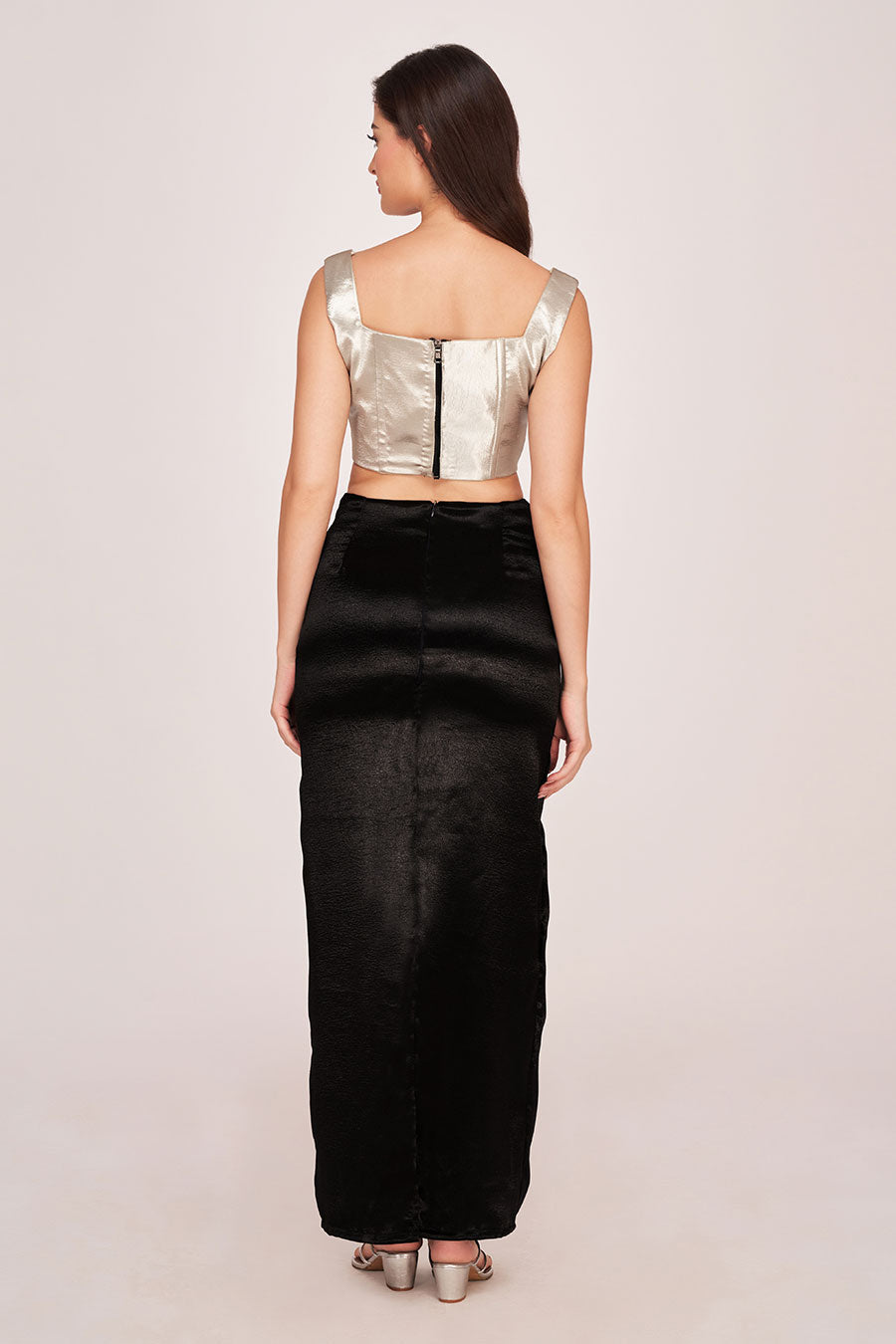 Silver Crop Top & Black Long Skirt Co-Ord Set