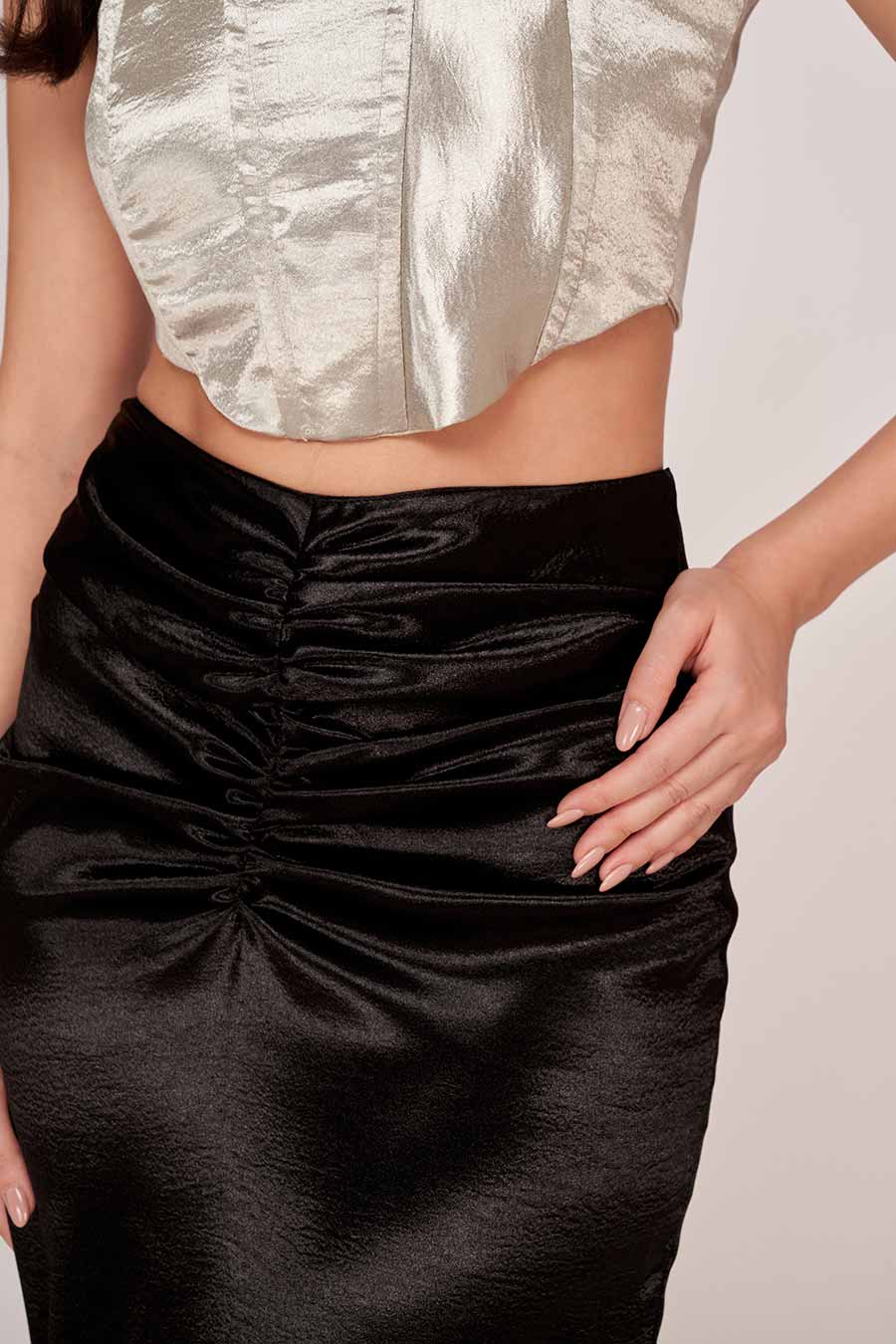 Silver Crop Top & Black Long Skirt Co-Ord Set