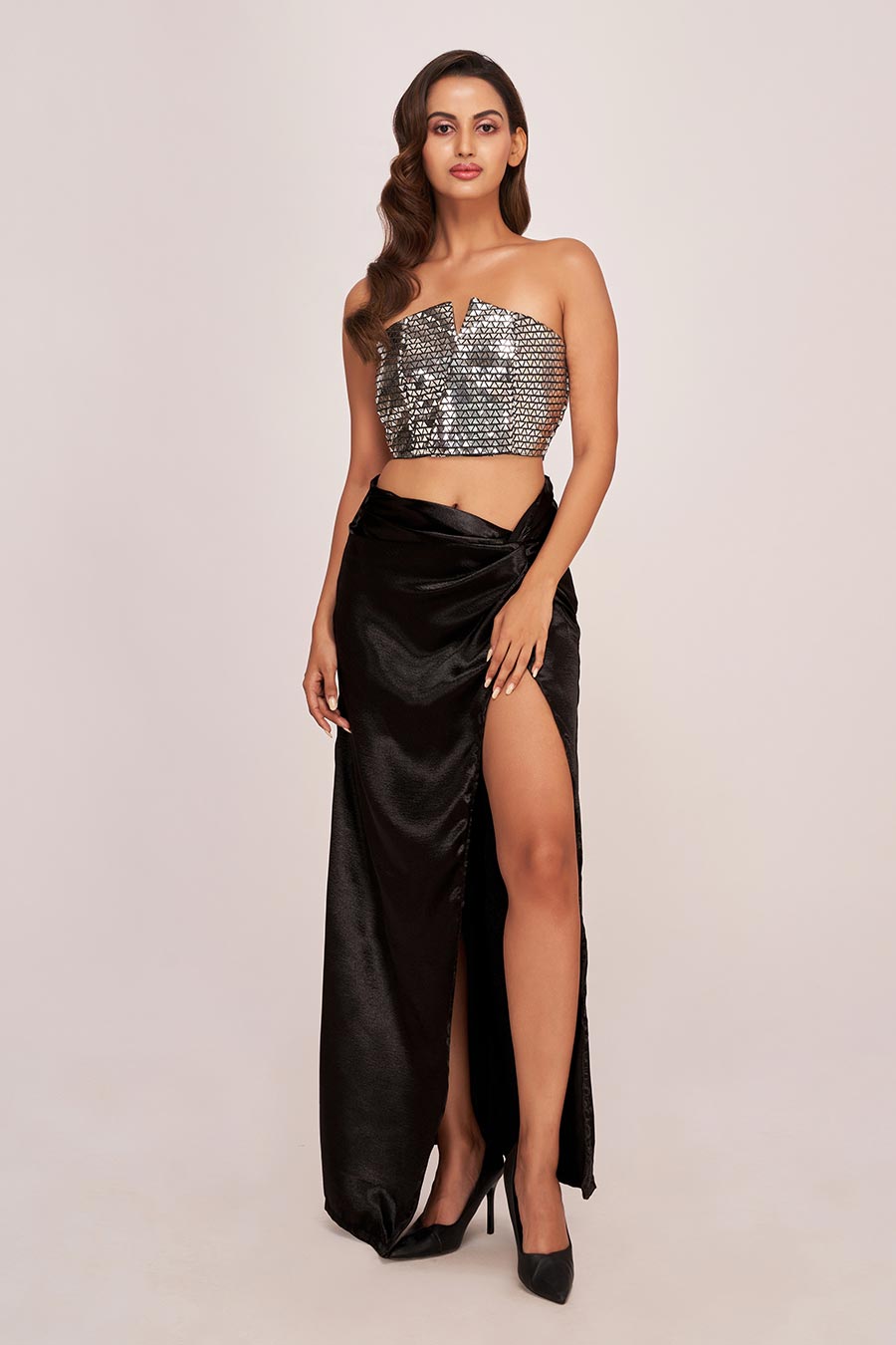 Silver Embellished Top & Black Long Skirt Co-Ord Set
