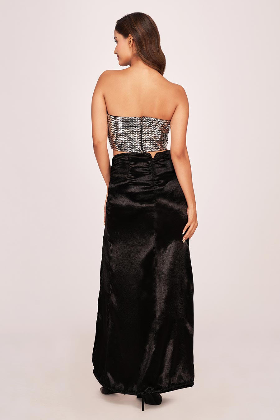 Silver Embellished Top & Black Long Skirt Co-Ord Set