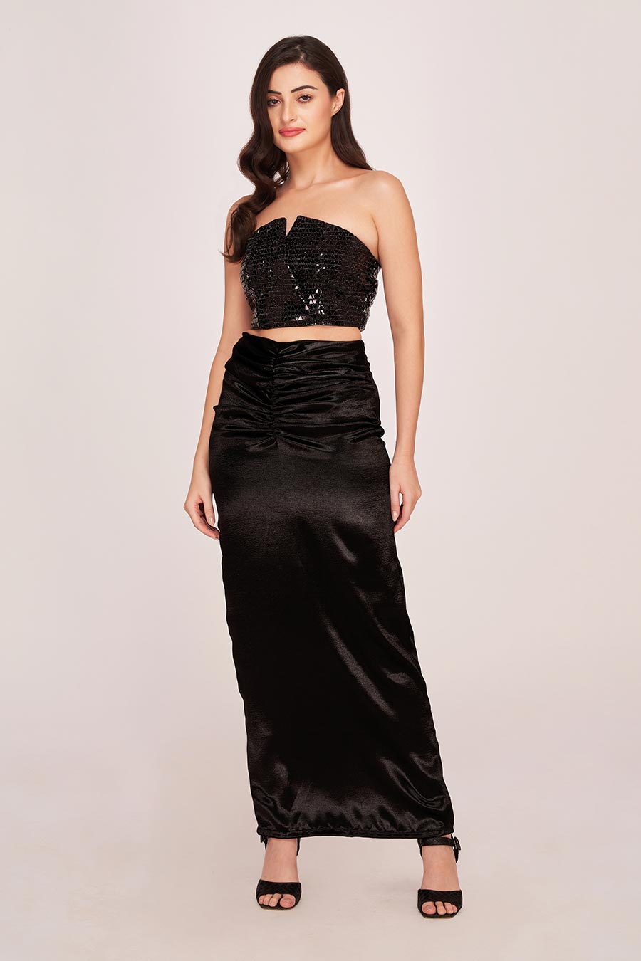 Black Embellished Top & Long Skirt Co-Ord Set