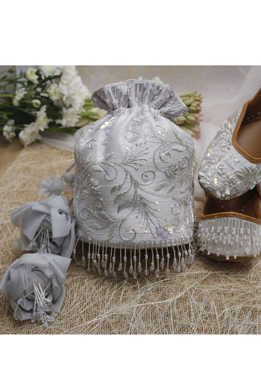 Grey Opal Embroidered Potli