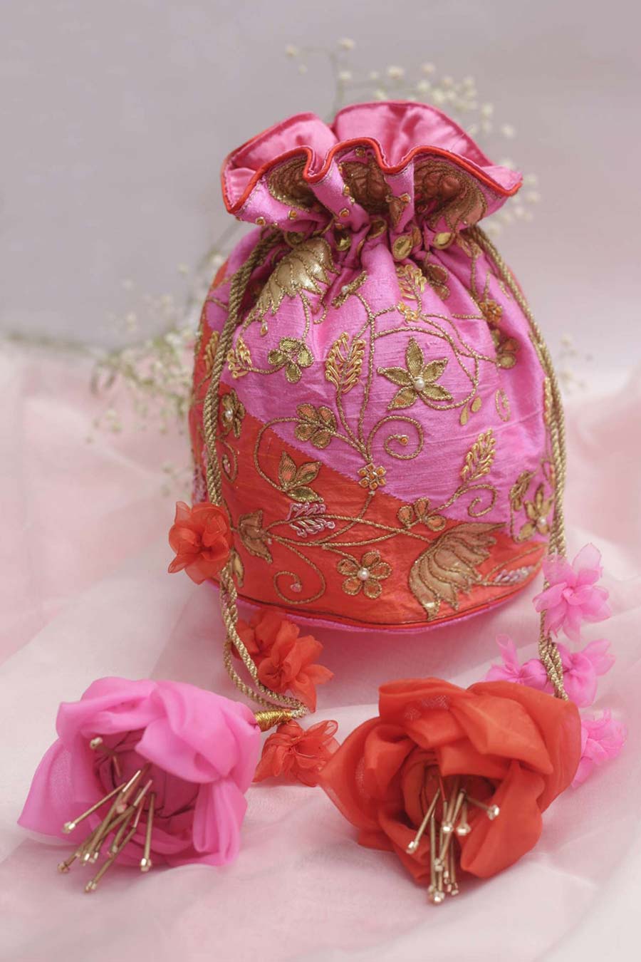 Pink & Orange Turmali Embroidered Potli