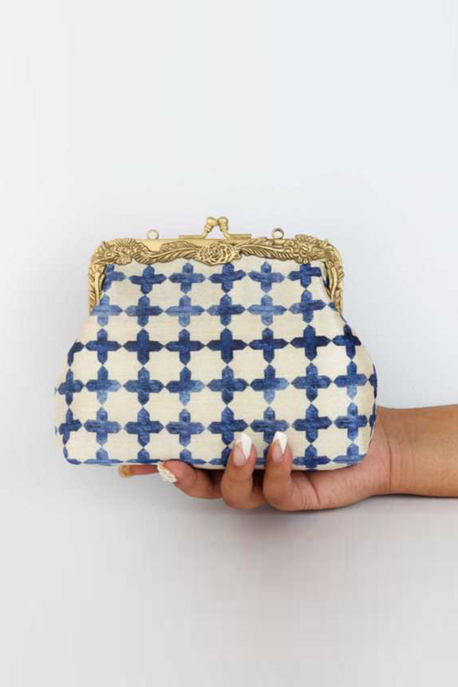 Off-White & Blue Jaali Printed Clutch