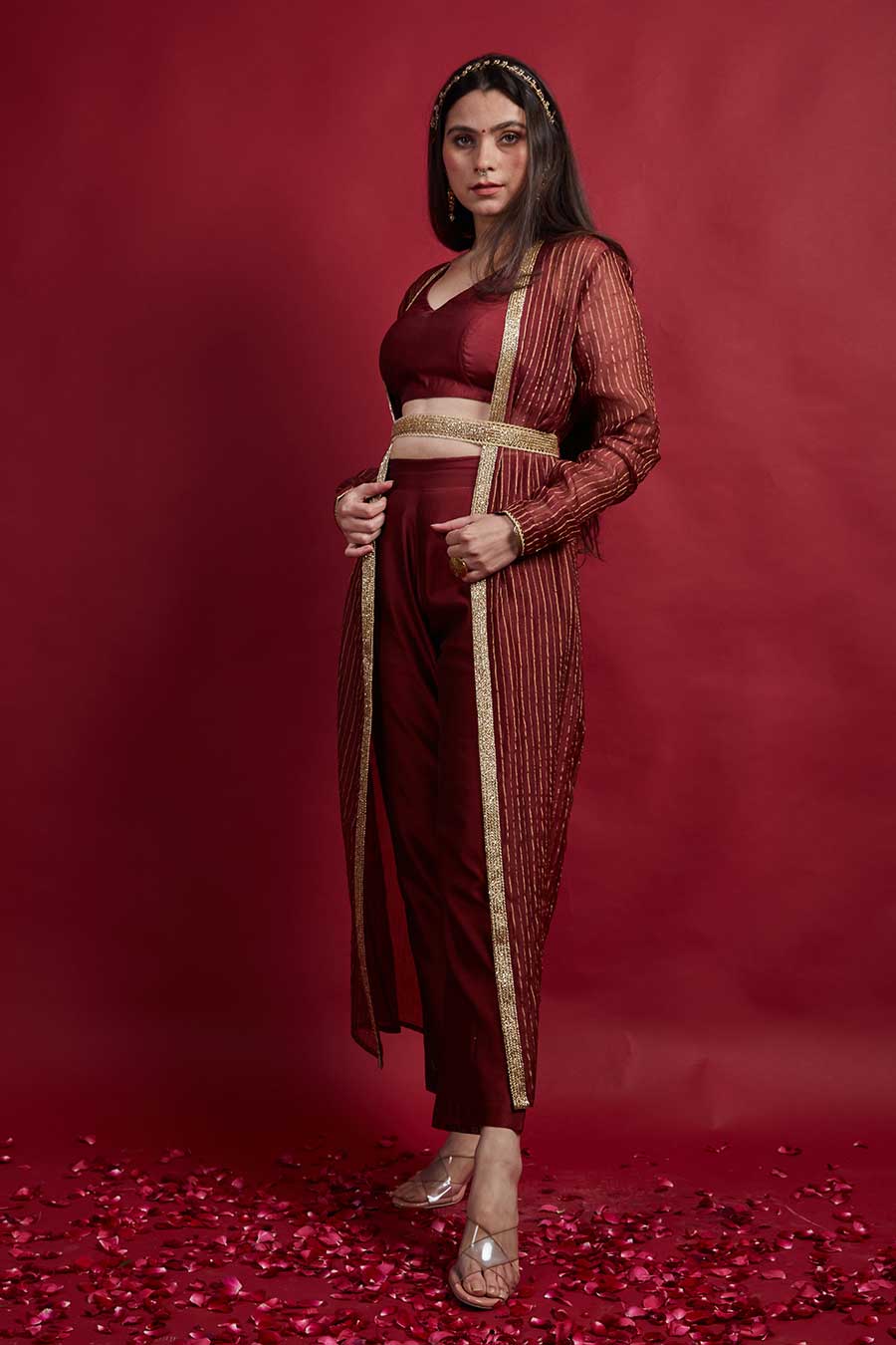 Maroon Top & Pant with Long Shrug Jacket Co-ord Set