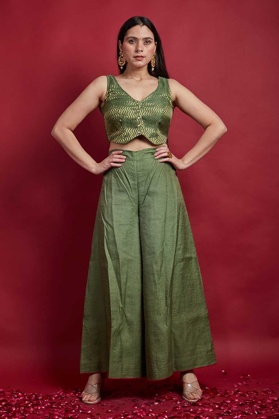 Olive Green Zari Crop Top & Palazzo Co-ord Set