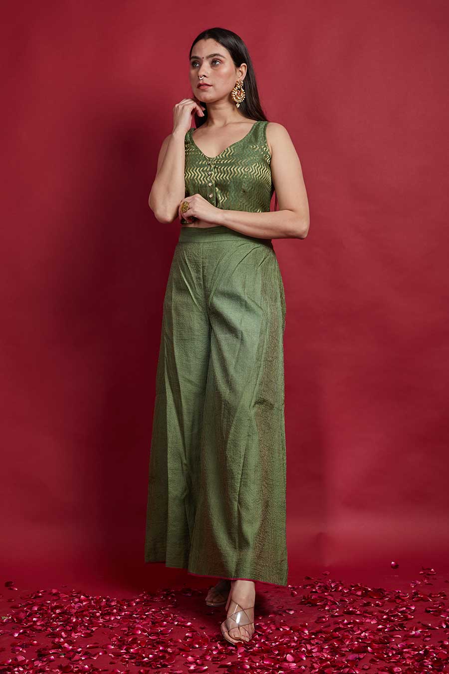 Olive Green Zari Crop Top & Palazzo Co-ord Set