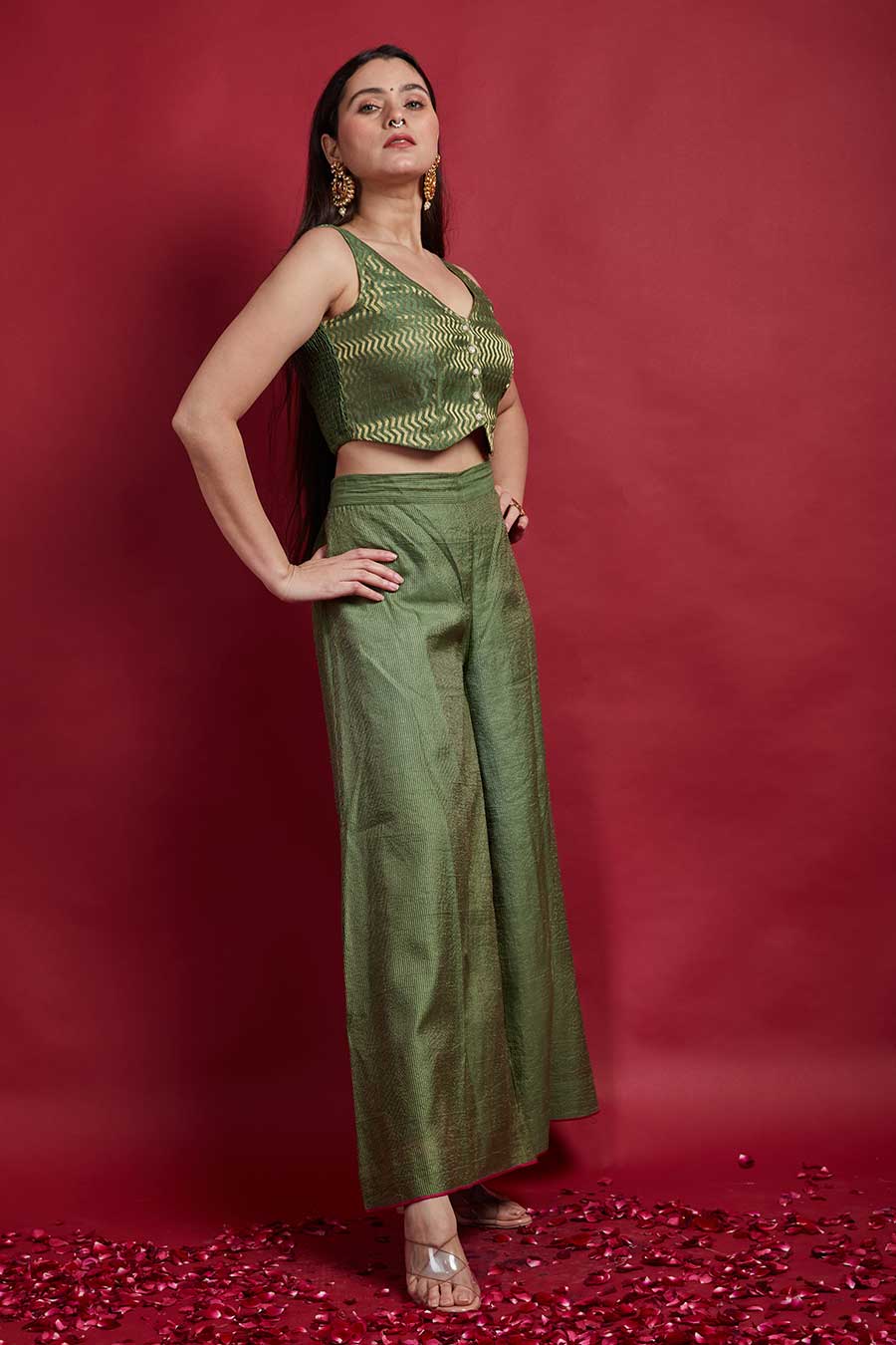 Olive Green Zari Crop Top & Palazzo Co-ord Set